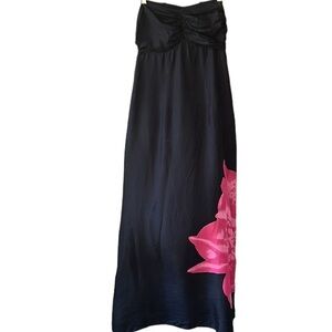 Express Y2K Vtg 100% Silk Black Strapless Maxi Dress Pink Flower SzS Fairygoth